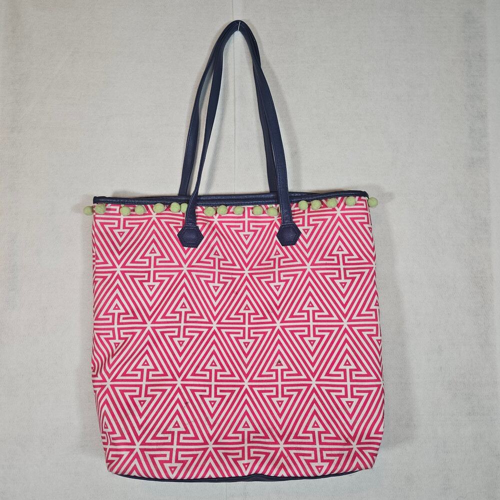 Clinique Pink Geometric Print Beach Tote Bag Navy Handles Pom Poms